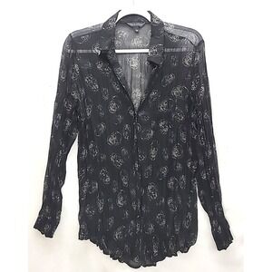Rock and Republic Lg‎ Sheer pleated Blouse with All Over Print Skulls Goth Vamp